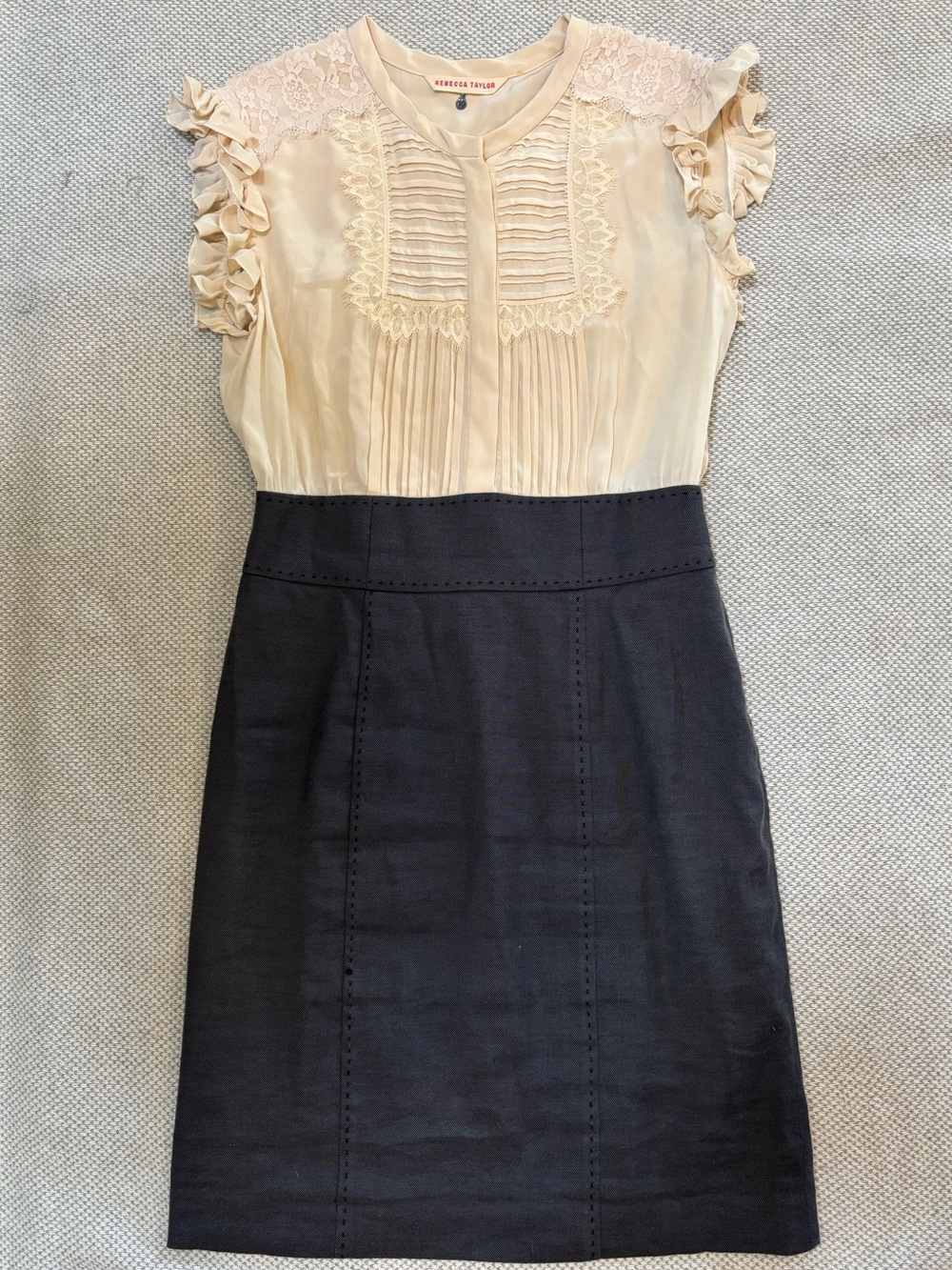 Rebecca Taylor Lace Ruffle Silk Blouse & Navy Skirt Dress Size 10